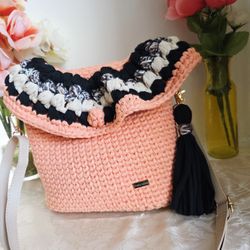 Handmade Crochet Shoulder Bag 9.2” *9.2”  with Multicolor Flap | Green Boho Crochet Purse | Chunky Yarn Bag with Tassel | Unique Handmade Gift for Her