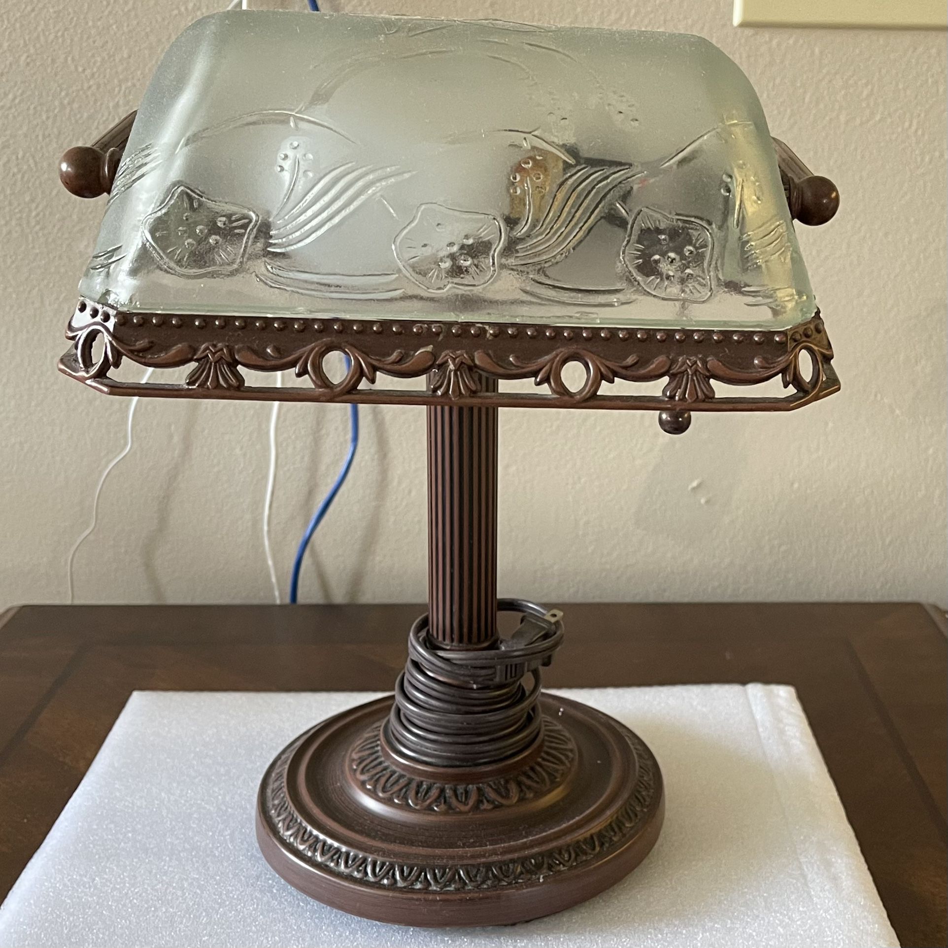 Adjustable Vintage Antique Art Nouveau Bronze Bankers Piano Student Desk Lamp Light Frosted Etched Glass 