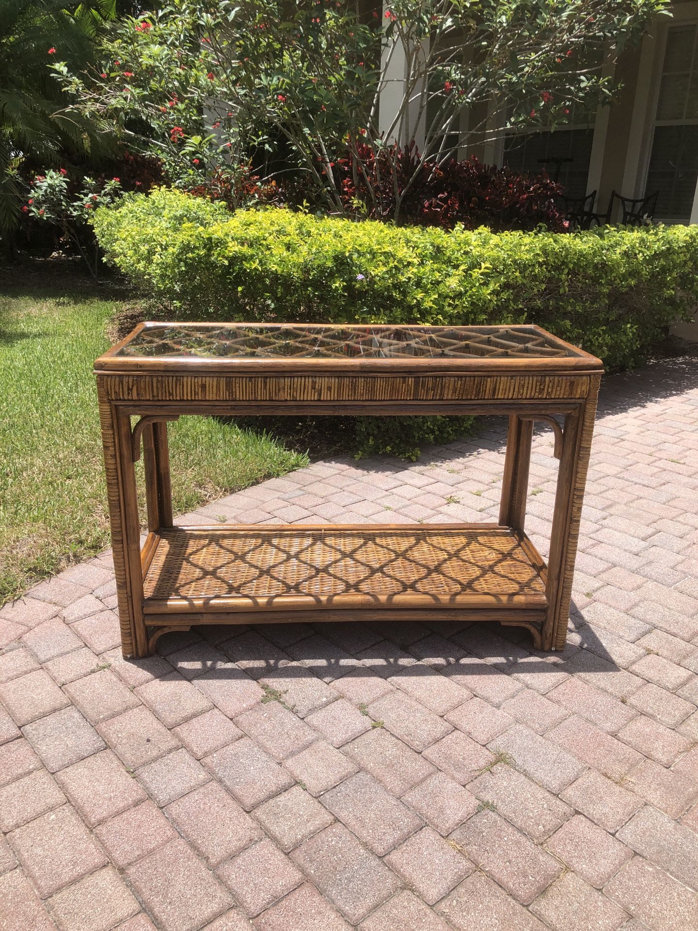 Vintage Mid Century Rattan And Glass Console Table