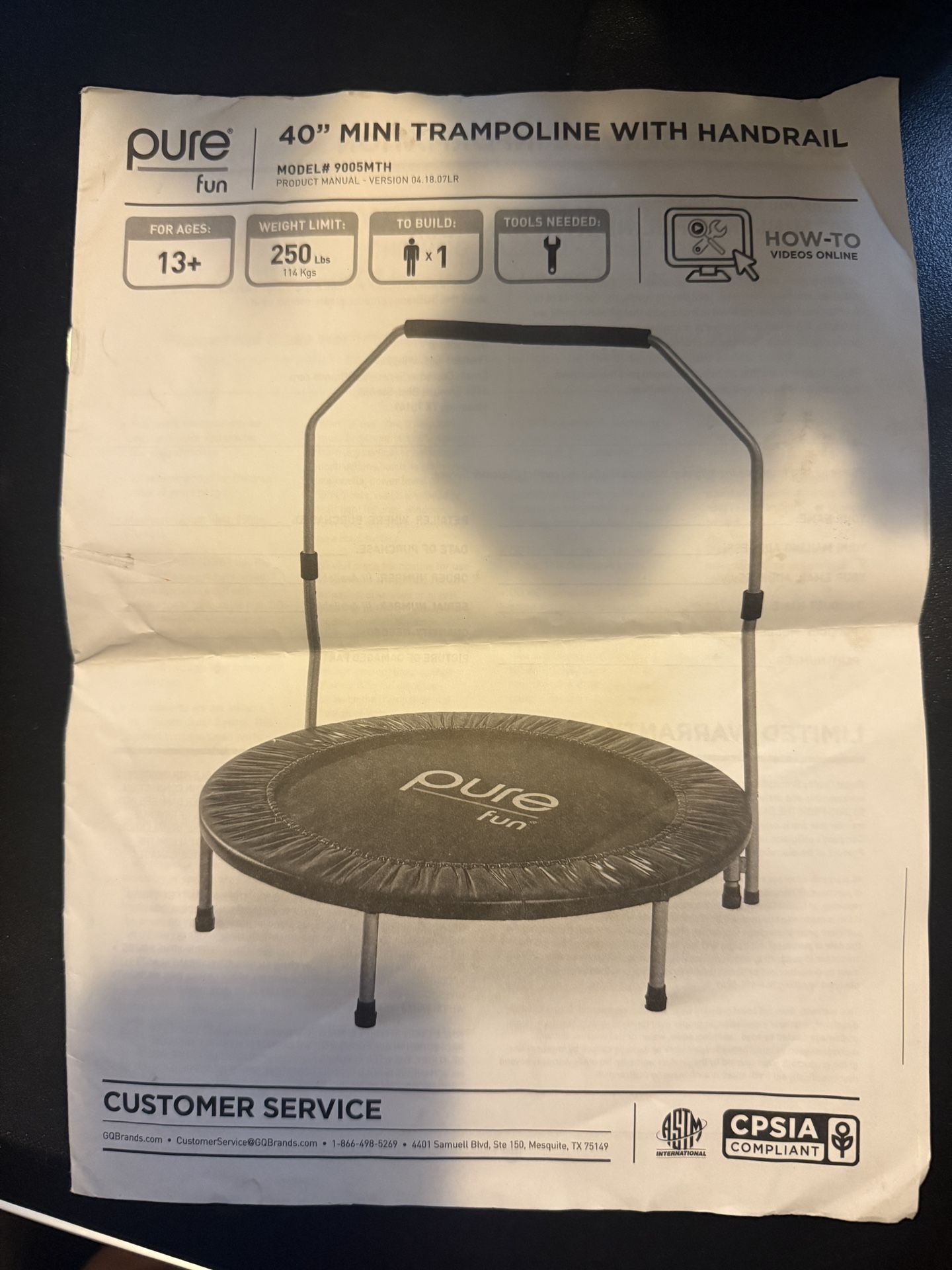 40” Pure Fun Mini Trampoline With Handrail