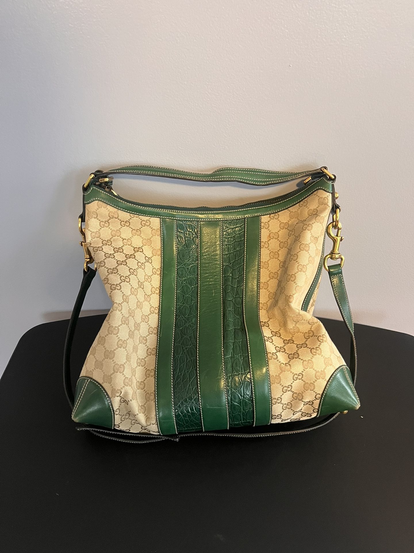 Gucci Beige GG Canvas Green Crocodile Trim Secret Medium Hobo Bag