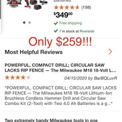 Milwaukee M18 Brushless 2 Tool Combo Comes with 7 1/4 circular saw hammer drill 24. Oh batteries charger in bag for only $259