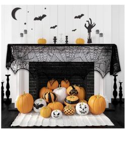 Halloween Fireplace Decoration Festive Party Supplies Lace Spiderweb Fireplace Mantle Scarf Cover Black Cobweb Fireplace Scarf Indoor Halloween Door