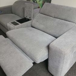 Modern Gray Fabric Power Reclining Sofa – Built-In Dual USB Ports & Dual Outlets