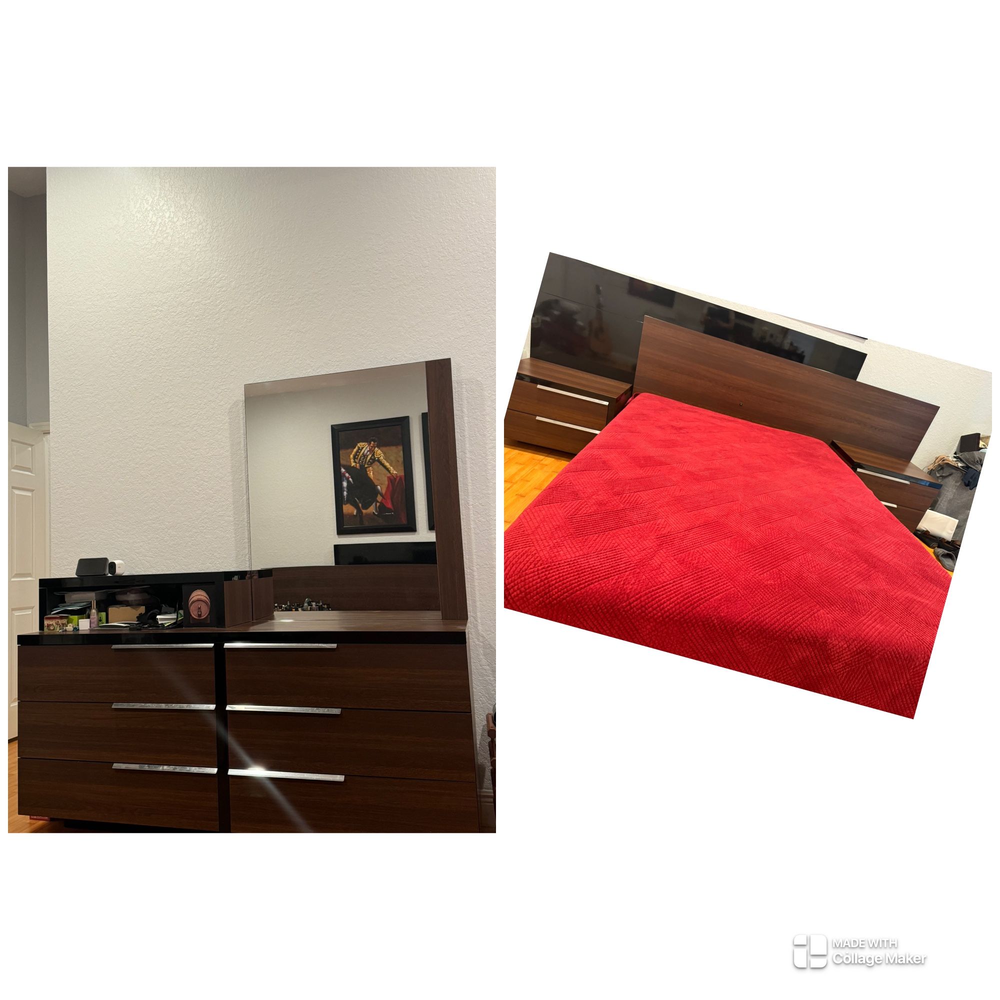 Furniture set that includes a dresser, queen bed with headboard, and side tables.