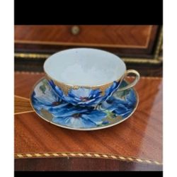 Antique Bone China Gold & Blue Floral cup & Saucer
