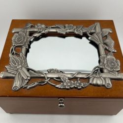 Wooden Vintage Jewelry Box with Pewter Photo Frame and Mirror