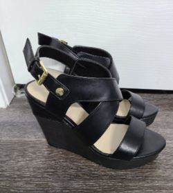 Marc Fisher Rocket Black Slingback Strappy Platform Wedges Sandals Size 8M