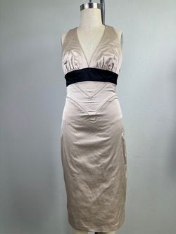 Bebe Plunging V-Neck Midi Dress Beige Black Satin Racerback