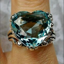Big 12mm Blue Heart Sapphire Silver Ring - Size 7