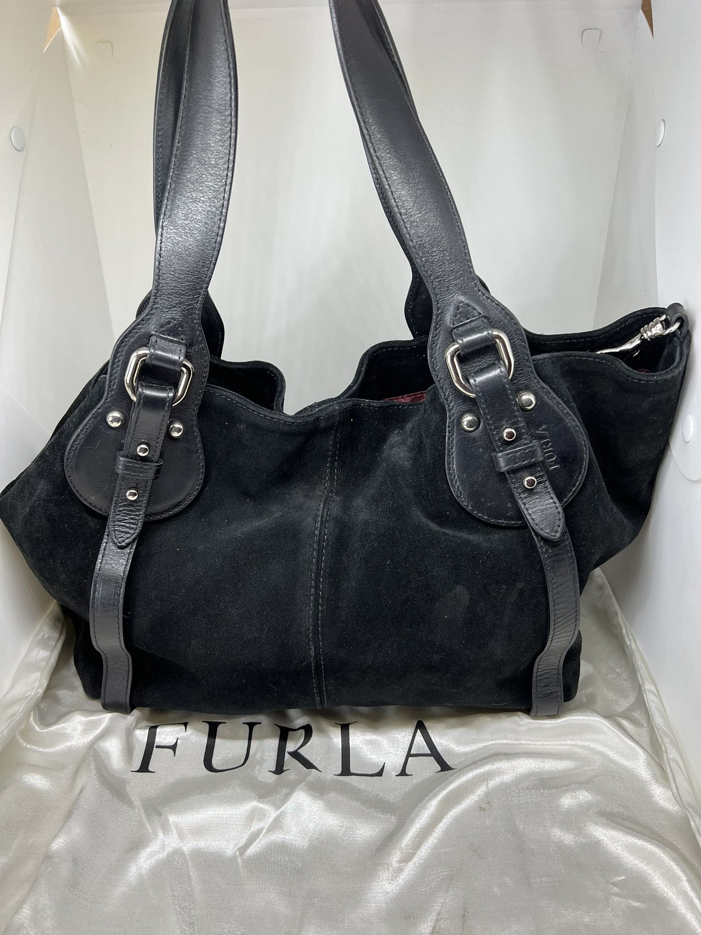 FURLA💥VINTAGE~LIMITED EDITION💥Black Leather/Suede Large Tote Bag