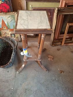 Antique Wood Pedestal Stand with Marble Top