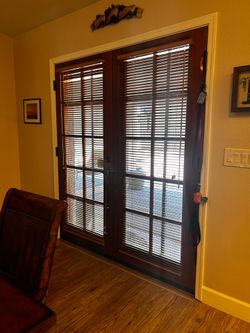 2 - Golden Oak wooden mini blinds for French doors.