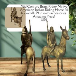 Mid-Century American Indian Riding Horse Brass Figurine Standing 26 1/2-29 Inches Tall