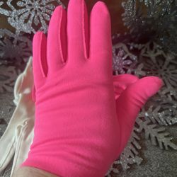 VTG 2pr Neon Pink & Ivory Short Dress/Cocktail Gloves Small/Medium 8” Long