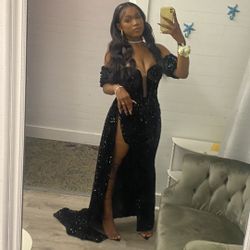 High Slit Off The Shoulder Sparkly Black Prom Dress <3