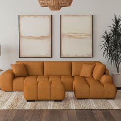 New  Camacho Upholstered Sectional W Ottoman.  Tan / Orange.  120”x81”x32”H.  Free Delivery!
