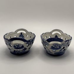 2 Delft Handpainted Baskets with Heart Cutouts, Blue and White, Windmill, Flowers