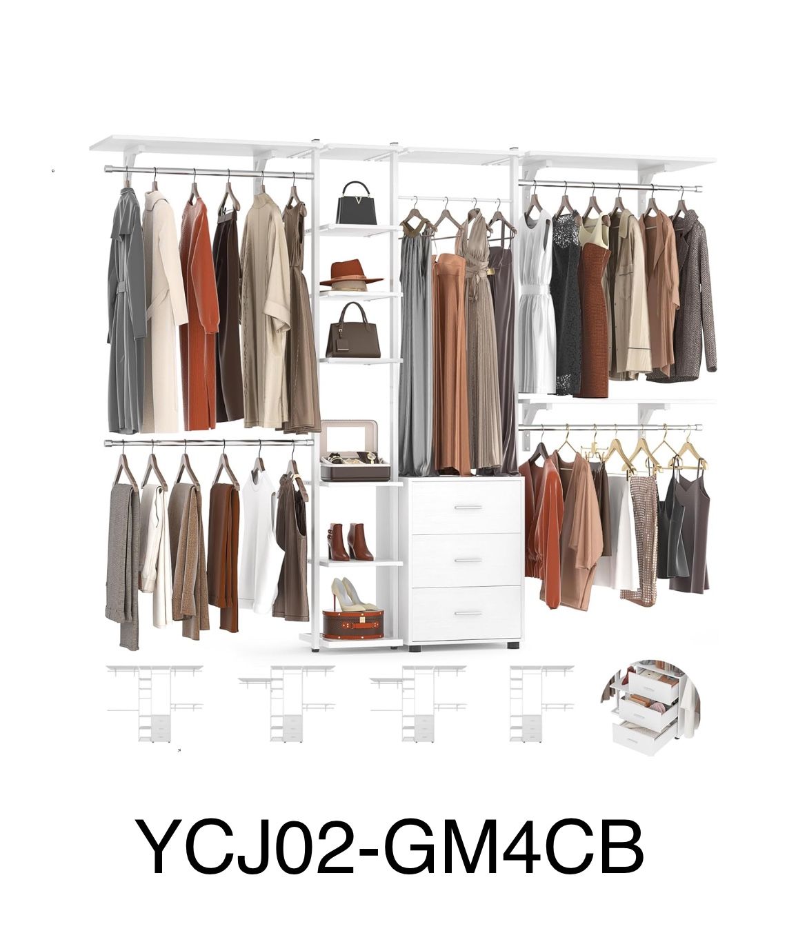 96in Closet System With Drawers, Clothes Hanging Rack With Rods & Shelves