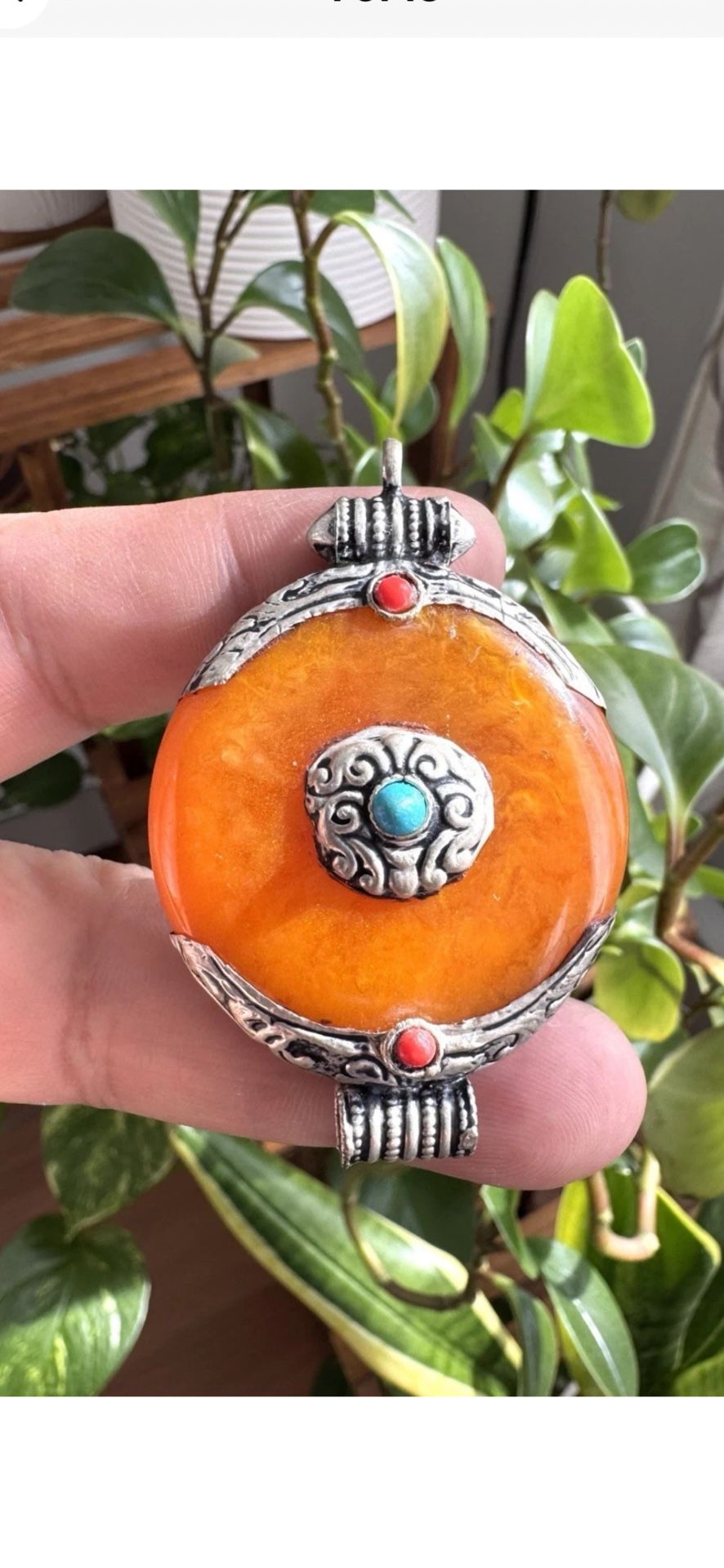 Vintage & Hand Carved Traditional Ethnic Tibetan Amber Resin Pendant With Silver 3”inch & 22grams
