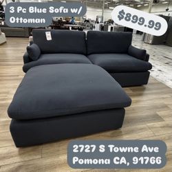 3 Pc Blue Sofa With Ottoman 