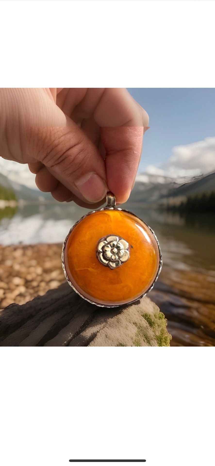Unique Ethnic Tibetan Silver & Amber Resin Pendant With Auspicious Floral Hand Carving 2”inch & 38grams