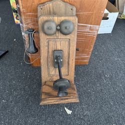 Antique Oak Wall Telephone Replica with Rotary dial inside