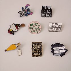 Bundle of Enamel Pins – Harry Potter, Hello Kitty, Funny Pins + More (9 pcs)