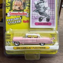 greenlight garbage pail kids diecast 1955 pink Cadillac, hound dog card Topps