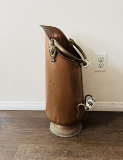 Vintage Copper Coal Scuttle with Lion Motif and Ceramic Handles 