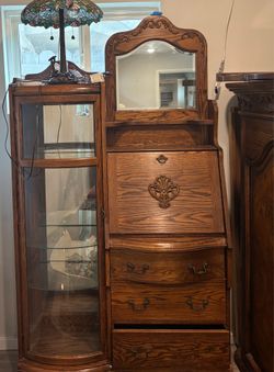 Oak Secretary Desk / attached Lighted LED Crio Cabinet