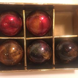 5 glass/fine porcelain sphere ornaments in beautiful condition. Note* box of 6 - 1 missing. 
