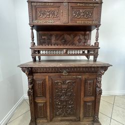 Carved Vintage Antique Wood Spanish Gothic Armoire Cabinet 