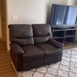 2 Seater Brown Leather Recliner Love Seat