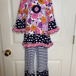 Mis Tee V-Us Girls Boutique Outfit Pink Purple  Floral Top Size 5/6 Pants 6/7