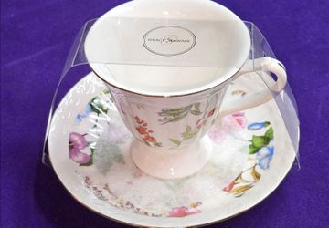 Grace's Teaware Fine Porcelain Footed Teacup and Saucer Set featuring a colorful floral pattern A93Z356