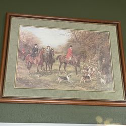 Vintage Hunters On Horseback Wooden Frame 