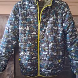 Cat & Jack Boy's Size 14-16 Reversible Hooded Puffer Jacket Dinosaur Fossil Print Like New