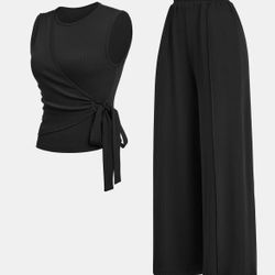 Women’s Wide Leg Pants Summer Set Two Piece XL Size 10-12 Black Brand New