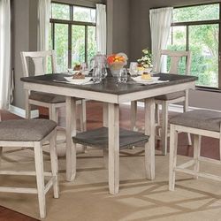Brand New Rustic Antique White Gray 5pc Counter Height Dining Table Set 