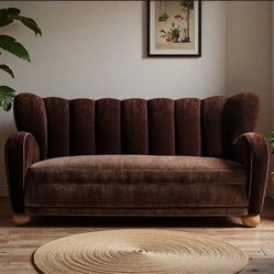 Retro Velvet Brown Curved Three-Seater Sofa 