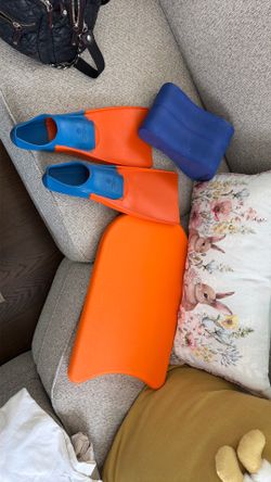 Swim fins, kick board and buoy