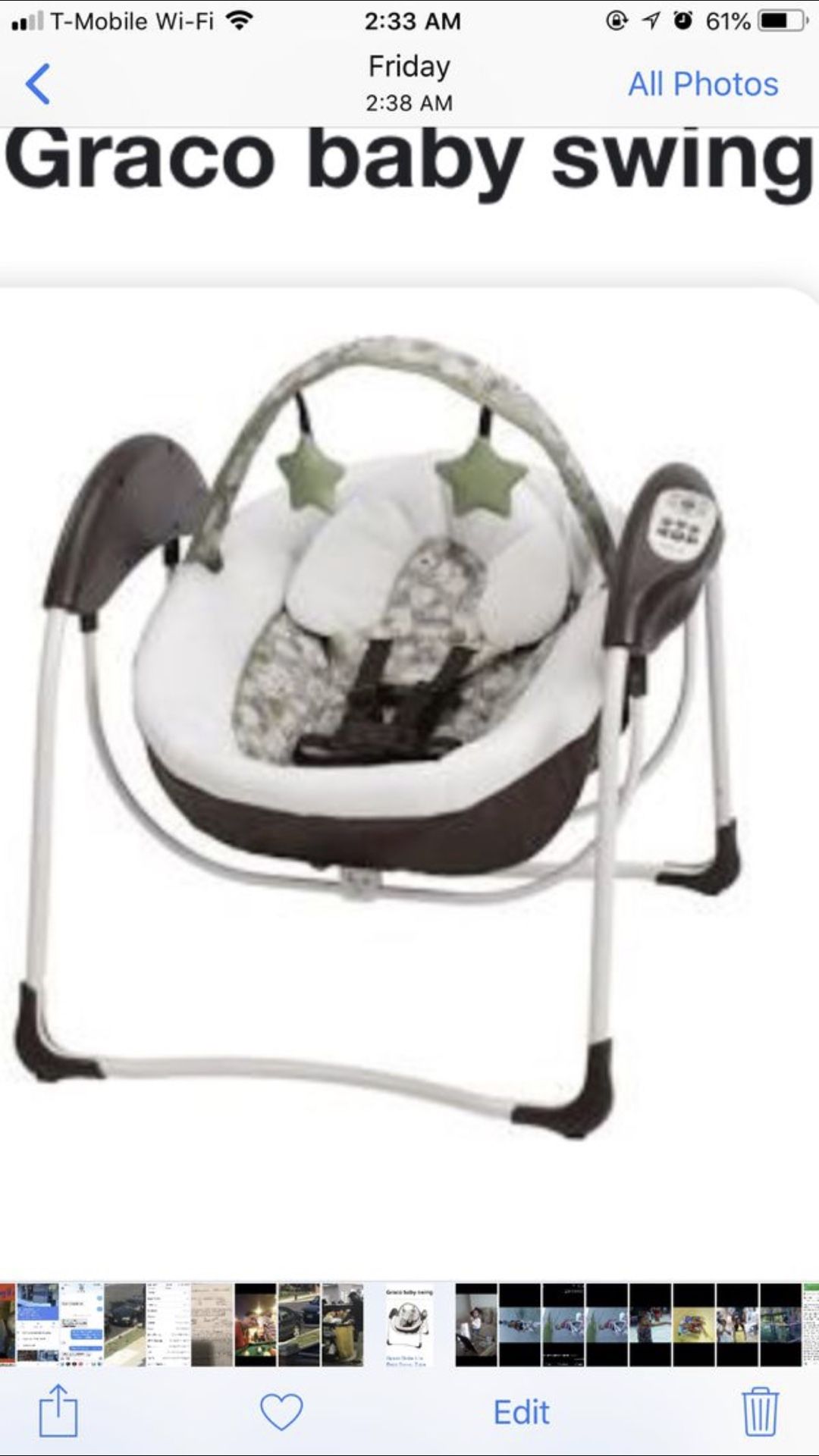 Graco Baby swing new without box, it swings plays music and comes with six Speed’s, electric