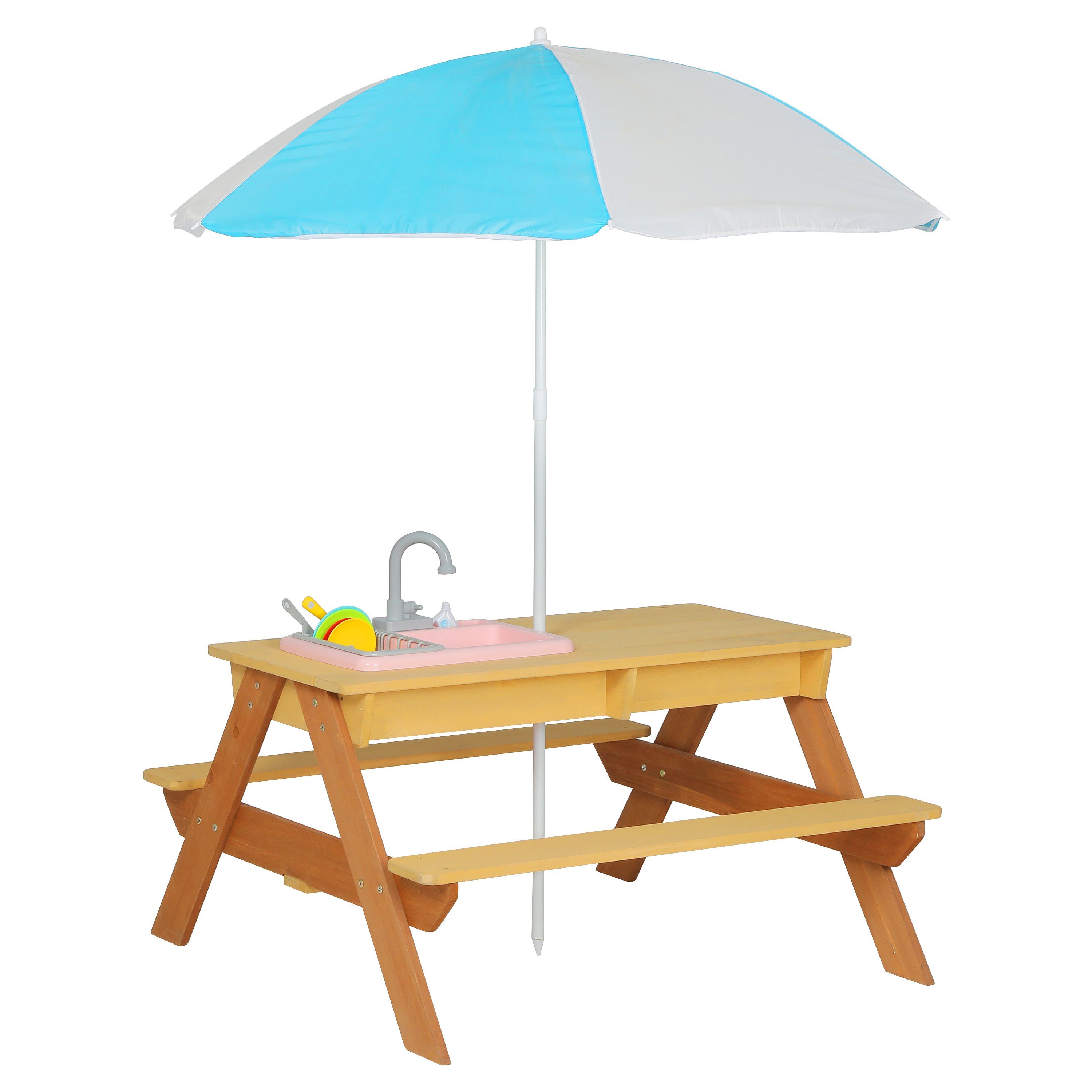 Wooden Kids Picnic Table, Sand and Water Table with Umbrella, Activity Table for Outdoor Backyard Patio Play