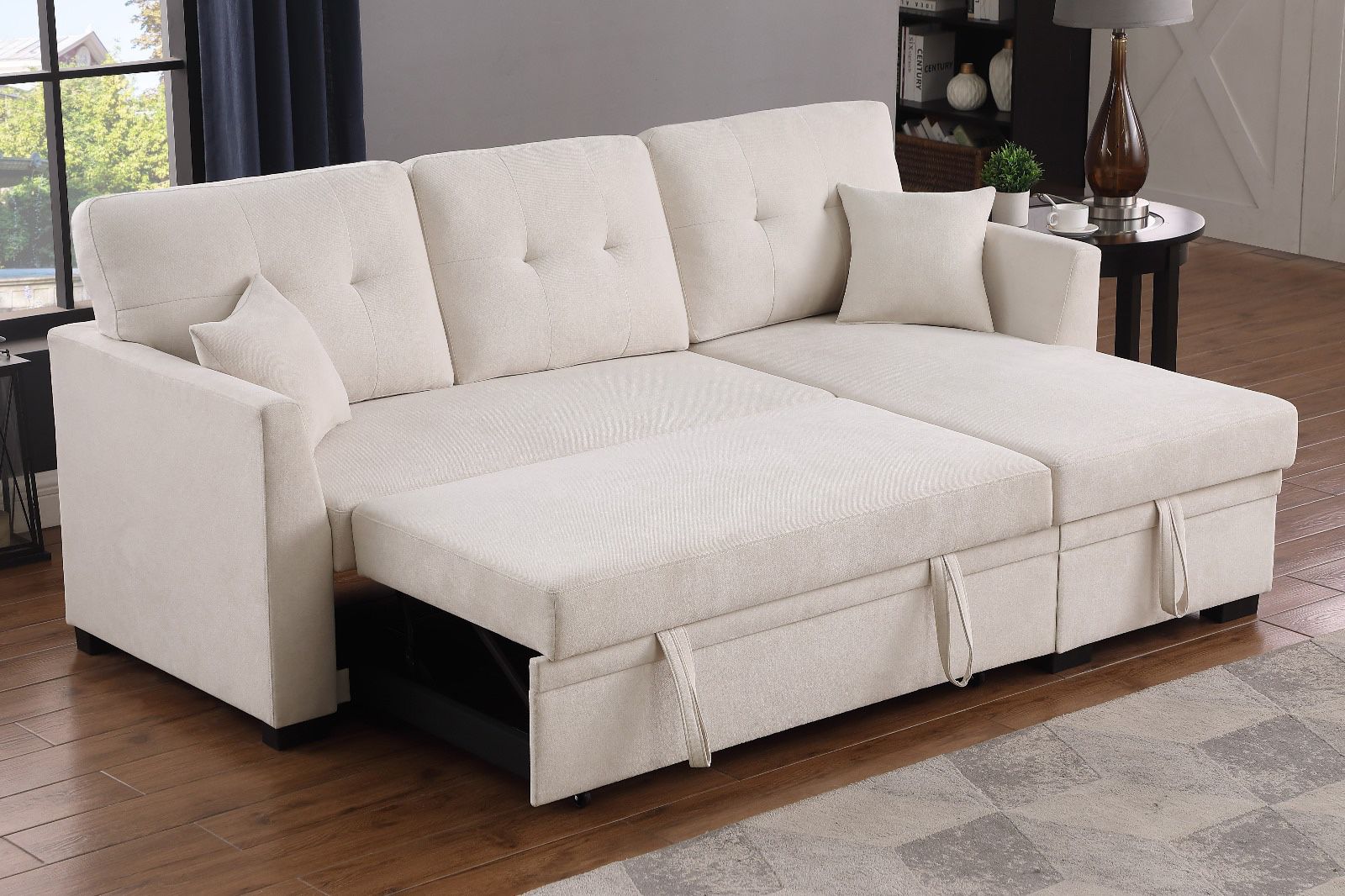 New! Premium Fabric Beige Sectional Sofa Bed, Sectional, Sectionals, Sectional Couch, Sofabed, Sofa Bed, Sectional Sofa With Pull Out Bed,l