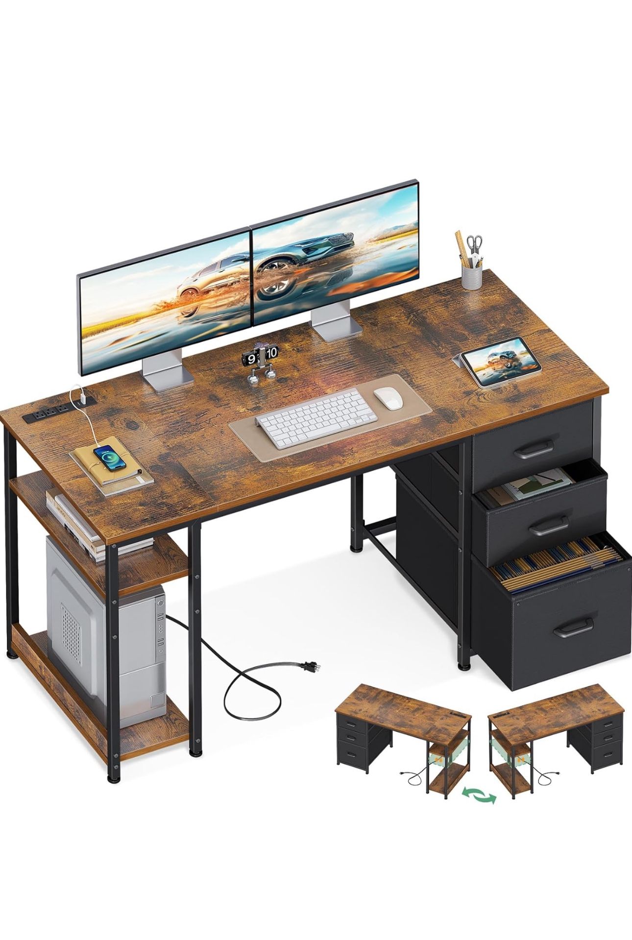 AODK 51 Inch Computer Desk with Fabric Drawers & USB Power Outlets