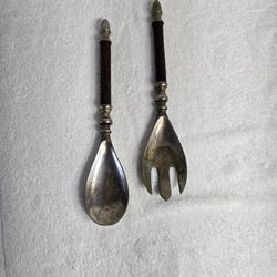 Vintage Metal & Wood Handle Salad Server Set - Rustic Decor