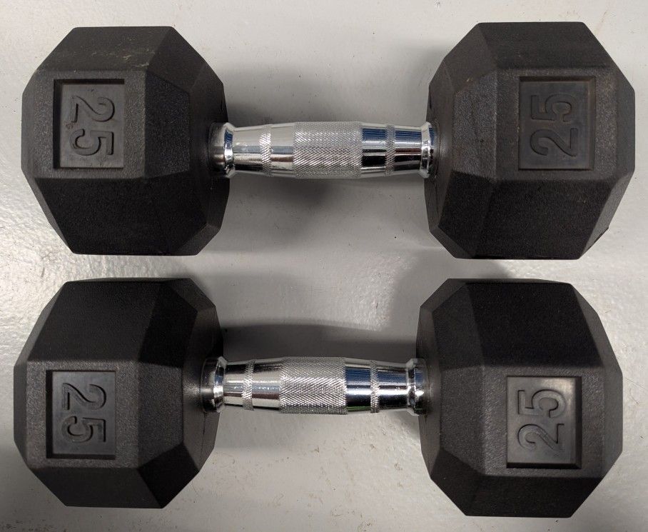 A pair of 25lb coated hex-shaped dumbbells.