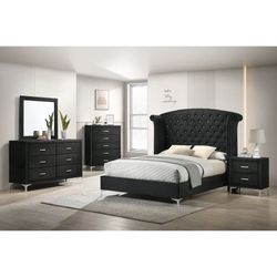 BRAND NEW 4pc Black Fabric Bedroom Set (Queen Or King)