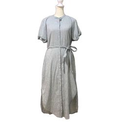 Lucky Brand White & Gray Striped Full Button Down Belted Shift Midi Dress